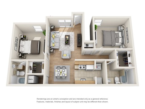 Floor plan for 2 beds, 2 baths, 877 sqft
